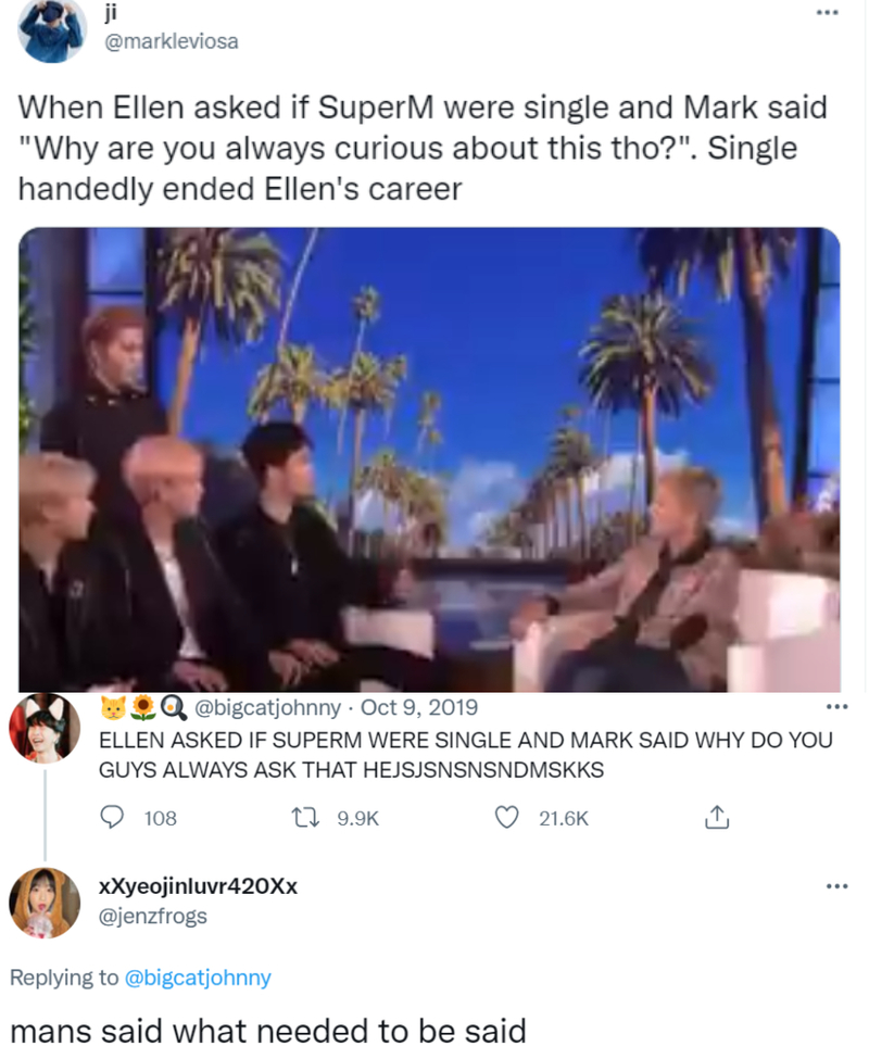 The Internet Thanked SuperM for Putting Ellen on the Spot | Twitter/@markleviosa/@jenzfrogs