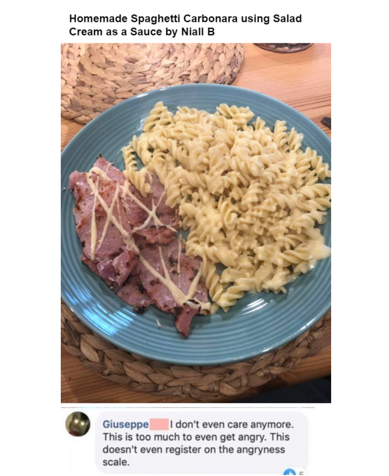 Salad Cream with Spaghetti Carbonara | Facebook/@RateMyPlateNow & Twitter/@ItalianComments